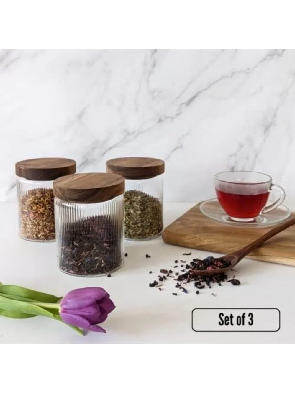 Ribbed Glass Storage Canisters with Wooden Lids, 17oz Set of 3 | Airtight